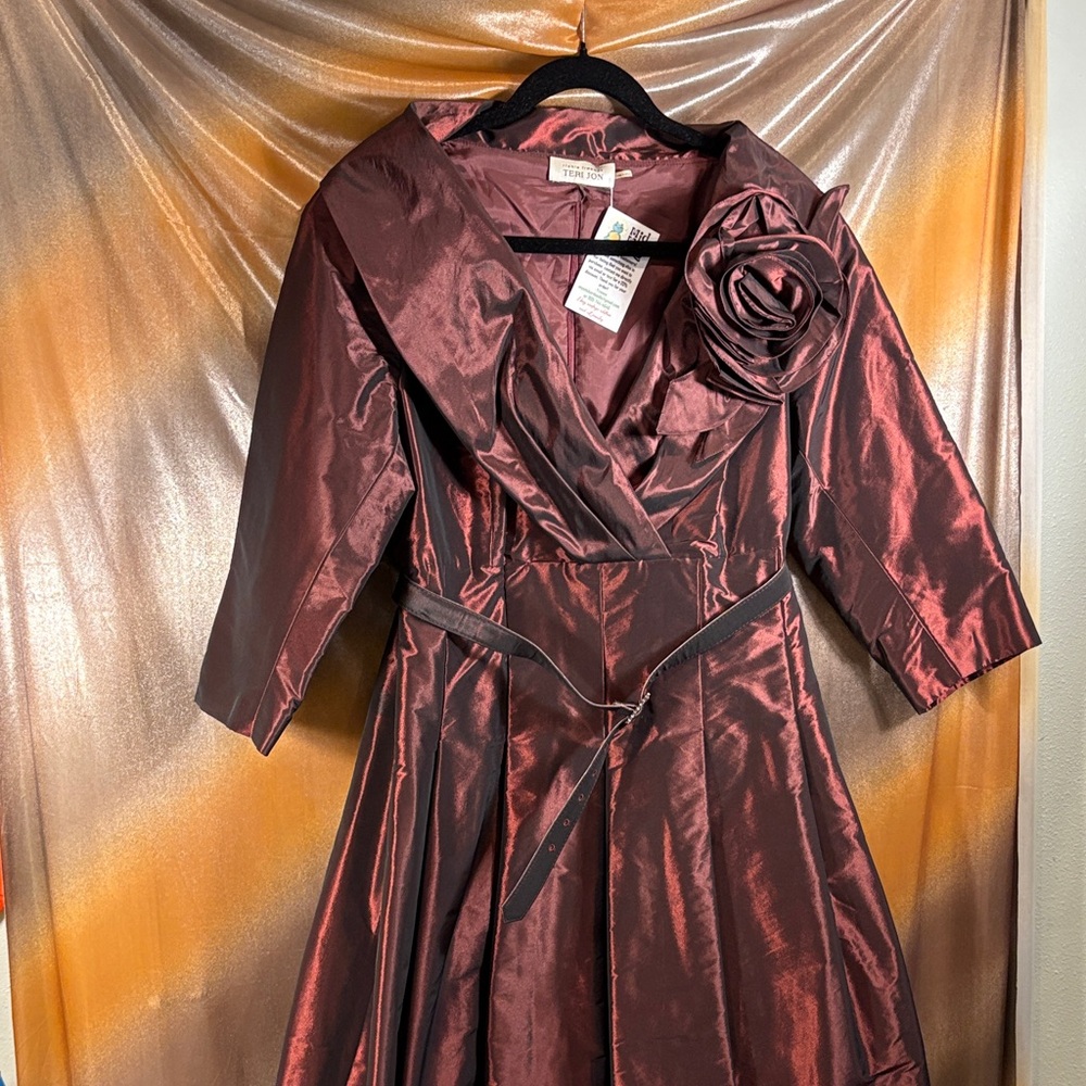 XL Shimmering Burgundy Long Sleeve Dress. Rickie Freeman Teri Jon box T